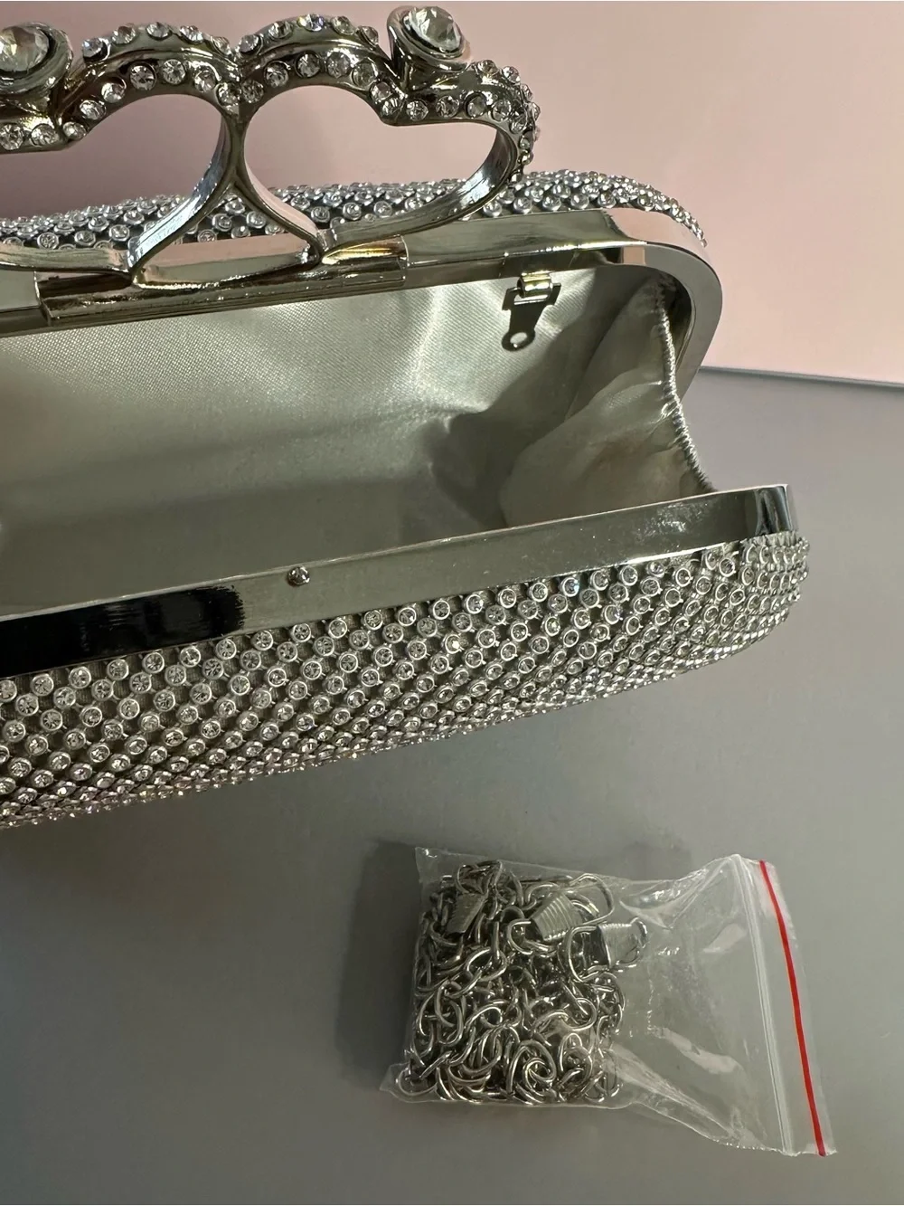 Silver Rhinestone Clutch Heart Clasp Crystal Evening Bag Wedding Prom Formal